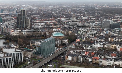 Dusseldorf, Germany - February 20, 2020. Scenic View Of The City, The Embankment Of The Rhine River. Aerial View Of A European City. Aerial View Of A Drone. Panorama.