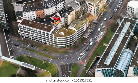 Dusseldorf, Germany - February 20, 2020. Scenic View Of The City, The Embankment Of The Rhine River. Aerial View Of A European City. Aerial View Of A Drone. Panorama.