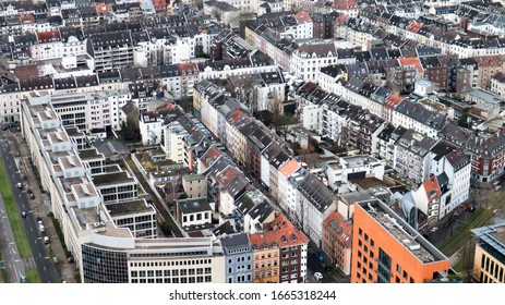 Dusseldorf, Germany - February 20, 2020. Scenic View Of The City, The Embankment Of The Rhine River. Aerial View Of A European City. Aerial View Of A Drone. Panorama.