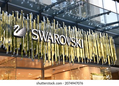 Dusseldorf, North Rhine-Westphalia, Germany - September 9, 2021: Swarovski fashion store in Dusseldorf, Germany - Swarovski is an Austrian producer of glass headquartered in Wattens, Austria