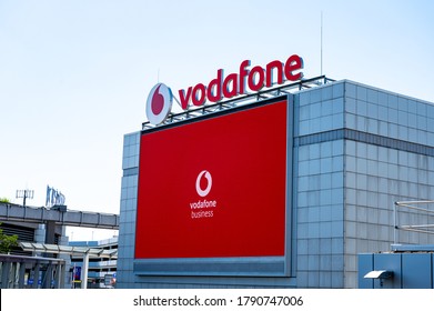 Dusseldorf, NRW, Germany - August 05, 2020: Advertising Banner / Video Wall Of The Mobile Phone Company Vodafone