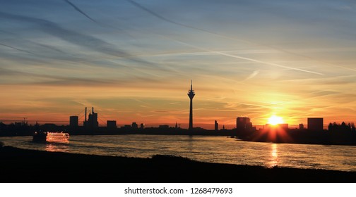 Dusseldorf On The Rhine At Sunrise, Atmospheric With Rheinturm 