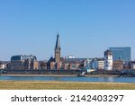 Dusseldorf waterfront around Saint Lambert church, view from Oberkassel