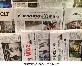 Dusseldorf,Germany- March 23,2016: Popular German Newspaper A Day After Terror Attacks In Brussels  In A Store In Dusseldorf,Germany.