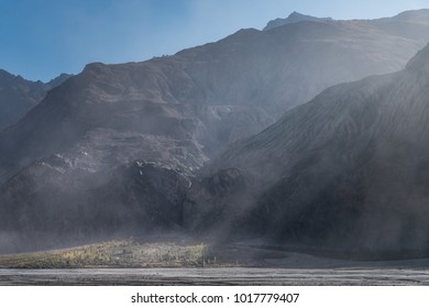 dust in Deep valley of arid mountain land.