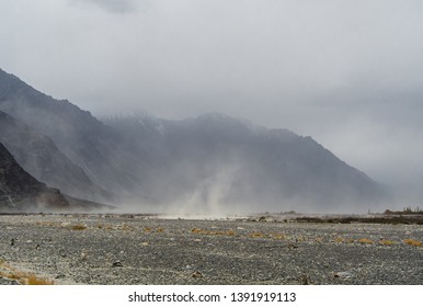 Dust Storm In Desert. Beautiful Landscape Of Mountain. Nubra Valley. Jammu Kashmir. Leh. Ladakh. India. Asia.