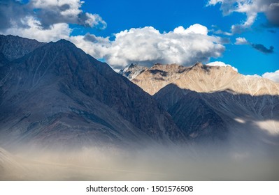 Dust Storm In Desert. Beautiful Landscape Of Mountain. Nubra Valley. Jammu Kashmir. Leh. Ladakh. India. Asia.