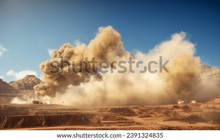 Dust storm and fume after detonator blast on the mining site in the China 