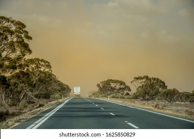 A Dust Storm On The Road Near Mildura, Australia. Dust Particles In The Air Cause Low Visibility