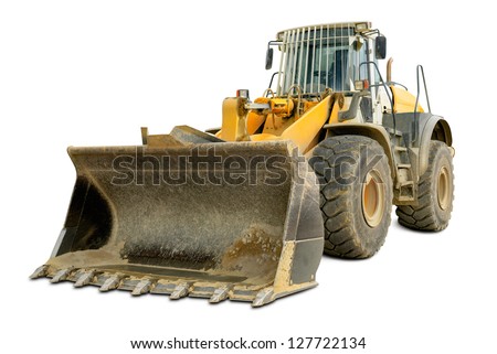 Dusty big bulldozer, isolated on pure white background
