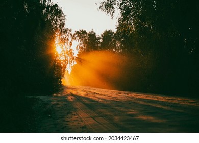 Dusty Dirt Road On A Beautiful Sunset Behind The Forest, In The Front And Background Silhouettes Of Cars