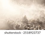 Dusty journey of herds and a shepherd in Bitlis Turkey. Magnificent photographs taken with the dust cloud that forms when flocks of sheep pass through dusty roads to their pasture places