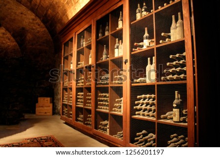 dusty wine bottles on a basement shelf 