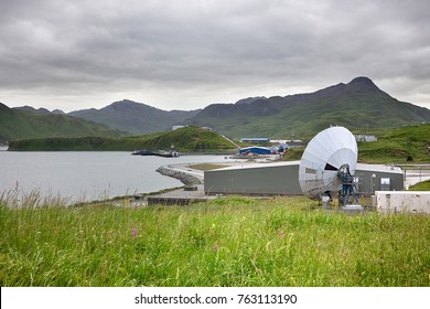 Dutch Harbor, Unalaska, Alaska, USA - August 14th, 2017: View of a parabolic antenna of the Tom Madsen Airport, Dutch Harbor, Unalaska.