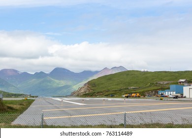 Dutch Harbor, Unalaska, Alaska, USA - August 14th, 2017: View of the runway of the Tom Masden Airport, Dutch Harbor, Unalaska, Alaska.