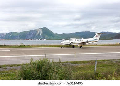 Dutch Harbor, Unalaska, Alaska, USA - August 14th, 2017: A Beech King Air 200 of Grant Aviation ready to take off at Tom Masden Airport, Dutch Harbor, Unalaska, Alaska.