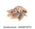 Dutch herring isolated, salted fish meat fillet, traditional maatjes, fresh atlantic herring with onions, matias holenderski, clupea harengus membras on white background