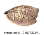 Dutch herring isolated, salted fish meat fillet, traditional maatjes, fresh atlantic herring with onions, matias holenderski, clupea harengus membras on white background