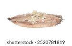 Dutch herring isolated, salted fish meat fillet, traditional maatjes, fresh atlantic herring with onions, matias holenderski, clupea harengus membras on white background