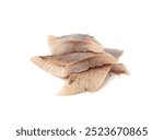 Dutch herring isolated, salted fish meat fillet, traditional maatjes, fresh atlantic herring with onions, matias holenderski, clupea harengus membras on white background