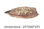 Dutch herring isolated, salted fish meat fillet, traditional maatjes, fresh atlantic herring with onions, matias holenderski, clupea harengus membras on white background