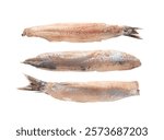 Dutch herring isolated, salted fish meat fillet, traditional maatjes, fresh atlantic herring, matias holenderski, clupea harengus membras on white background