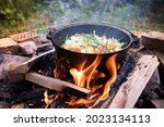 Dutch oven cooking on a campfire with open lid and stew