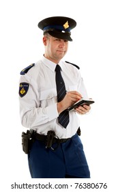 Dutch Police Officer Filling Out Parking Ticket. Over White Background