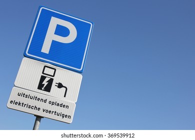 Dutch Road Sign: Parking For Electric Vehicles Only (translation: Only For Charging Electric Vehicles)