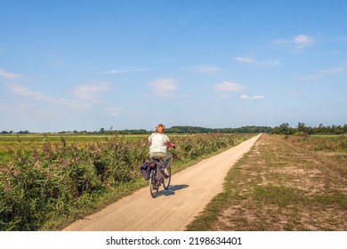 Dutch rural area in the summer season. The sky is clear blue and the sun is shining brightly. A blond-haired woman rides her e-bike on a narrow sandy country road that is diagonal in the image. - Powered by Shutterstock
