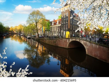 Dutch scenery with canal and mirror reflections at spring, Amstardam, Netherlands