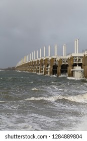 Dutch storm surge barrier in the Netherlands is a protection against high tide