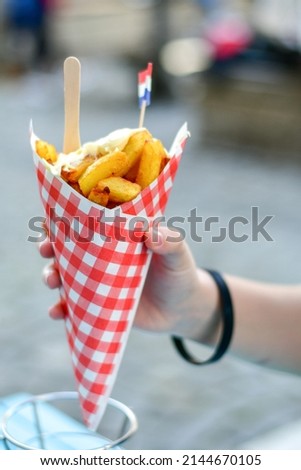 Dutch War Fries  with the Canals of Amsterdam on the background. Typical Dutch street food .Hand holding Traditional Potato Dish From Netherlands. Fried potatoes   in Paper Cone topped with Mayonnaise