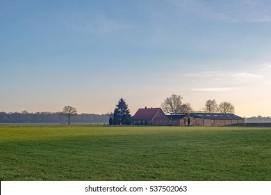 Dutch wide open rural landscape with farm. Achterhoek. Gelderland. The Netherlands. 