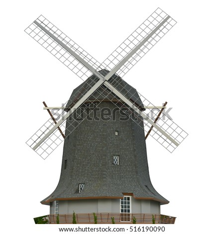 Dutch windmill farm isolate Traditional old windmill building single object color concept clean energy isolated illustration . This has clipping path.
