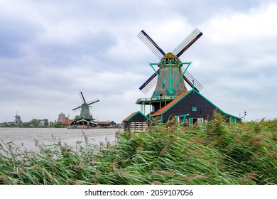 Dutch Windmills At Zaanse Schans In Zaandam Near Amsterdam, North Holland, Netherlands. HD Wallpaper Image