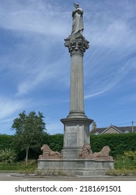 Duthie park, Aberdeen, Scotland - June 25, 2022: standing figure of greek goddess Hygeia. 4 lions at the base. Statue conceived as recognition of Miss Duthie’s gift of the park to city of Aberdeen.