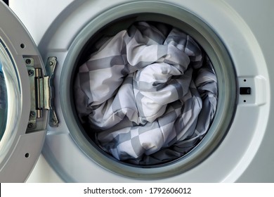 Duvet Inside Washing Machine, Cleaning Blanket.