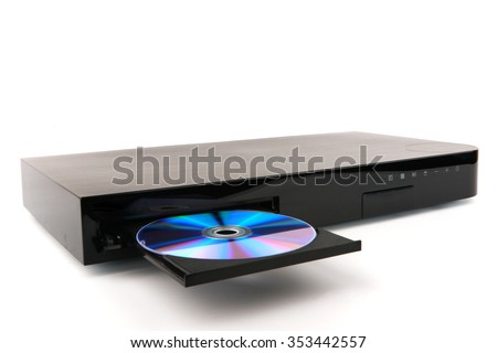 DVD, CD disk insert to DVD player. DVD CD with CD or DVD player isolated on white background. CD, DVD player with an open tray on white background.