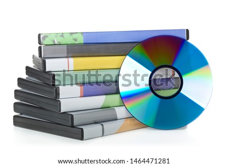 DVD, CD-ROM or Blu-Ray disc with stacked boxes for movies, audio or software on white background