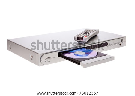 DVD player ejecting disc with remote control isolated on white background