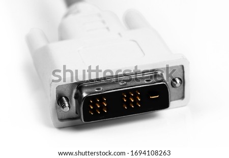 DVI plug, white cable closeup on white background, macro