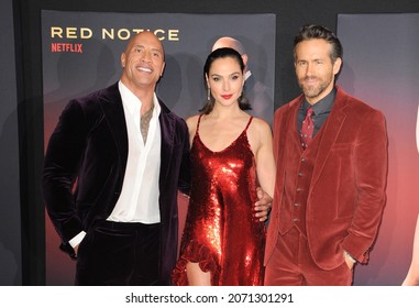 Dwayne Johnson, Gal Gadot and Ryan Reynolds at the World Premiere of Netflix's 'Red Notice' held at the L.A. LIVE in Los Angeles, USA on November 3, 2021.