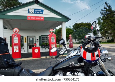 DWIGHT, IL - USA - JULY 16: Old Texaco gas station in Route 66 on July 16, 2017, in Dwight, Illinois. Indian motorcycle in the foreground