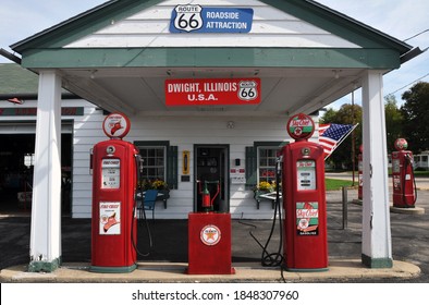 Dwight, IL, USA - September 30, 2019: Ambler’s Texaco Gas Station is a restored Route 66 landmark in Dwight, IL that was built in 1933 and sold fuel until 1999. It's now open as a visitor's center.