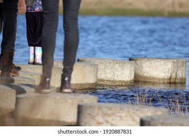 Dwingelderveld, The Netherlands- February 20, 2021: Stepping Stones And Family In Dwingelerveld, The Netherlands

