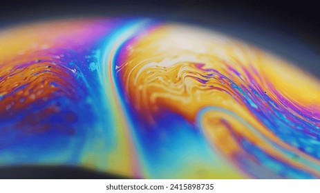 Dye mix. Oil fluid. Gasoline leak. Defocused rainbow color glowing round bubble liquid paint blend wave motion on dark green abstract art background.