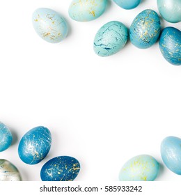 Dyed Easter eggs. Frame background with robin eggs eggs with copy space for text. isolated.  Ester concept