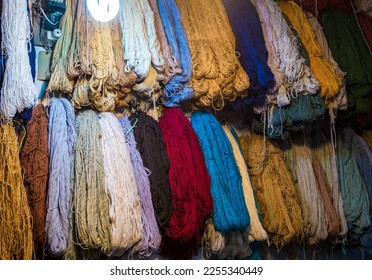 Dyed wool for carpets on old Bazaar of Kashan in Iran