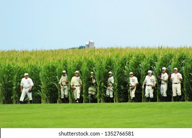 Dyersville, IA/USA July 17 2016: Ghosts In The Outfield, Chicago White Sox Players Emerging From The Corn At Field Of Dreams